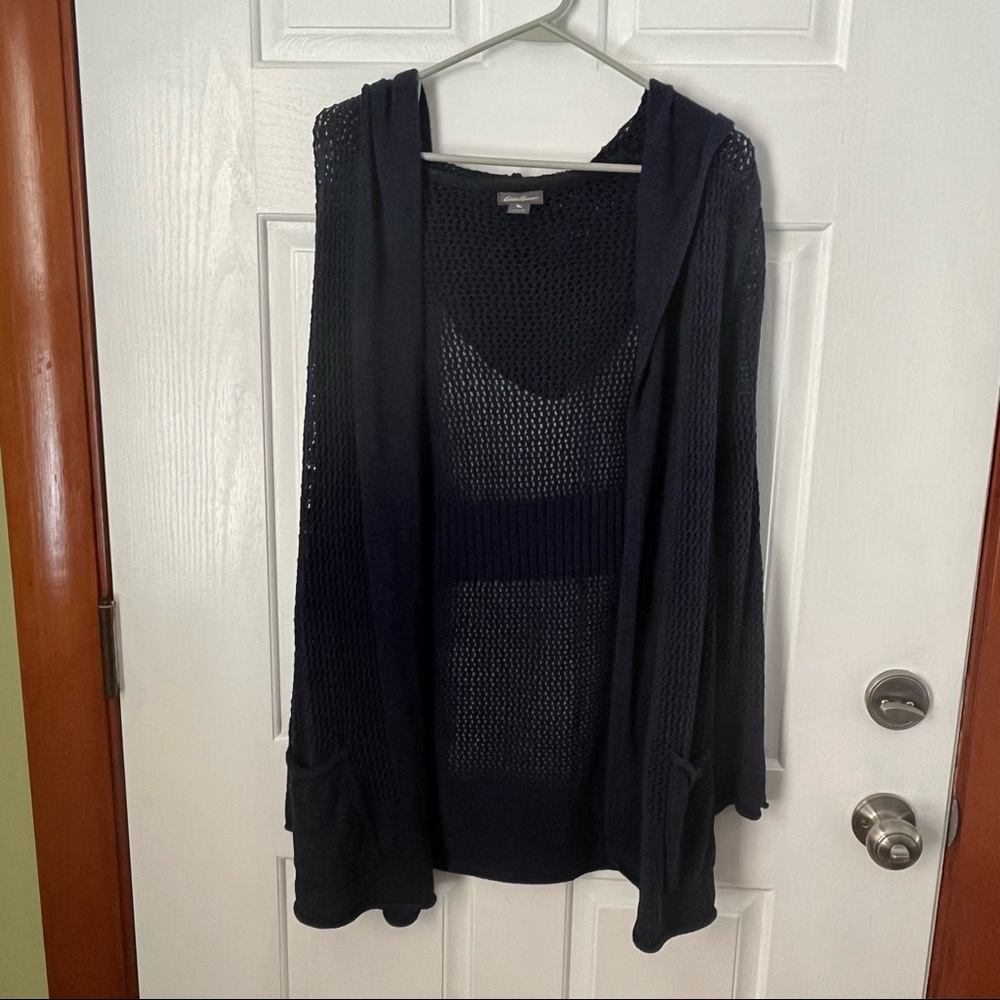 Eddie Bauer open weave hoodie cardigan sweater navy